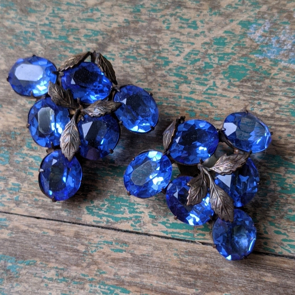 VTG Antique Art Nouveau Cobalt Blue Crystal Grape Rhinestone Shoe Dress Clip Set